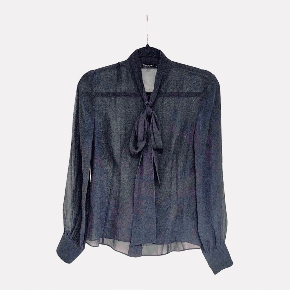 Lafayette 148 Silk Bow Tie Blouse in Midnight Blue with Sheer Design